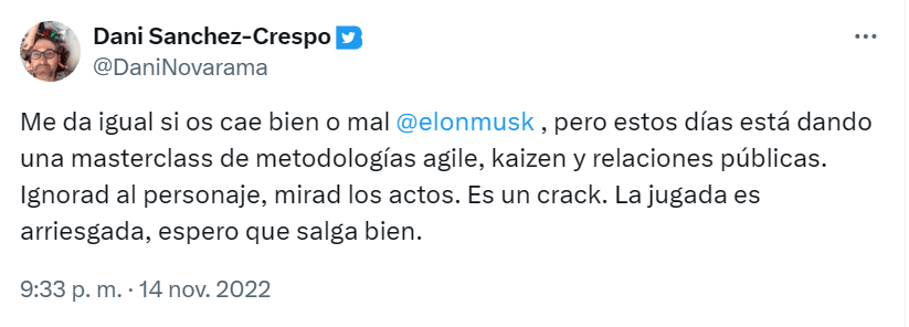 Tuit de Daniel Sanchez-Crespo sobre Elon Musk, agile, kaizen y relaciones públicas convertido en meme en tiempo record.